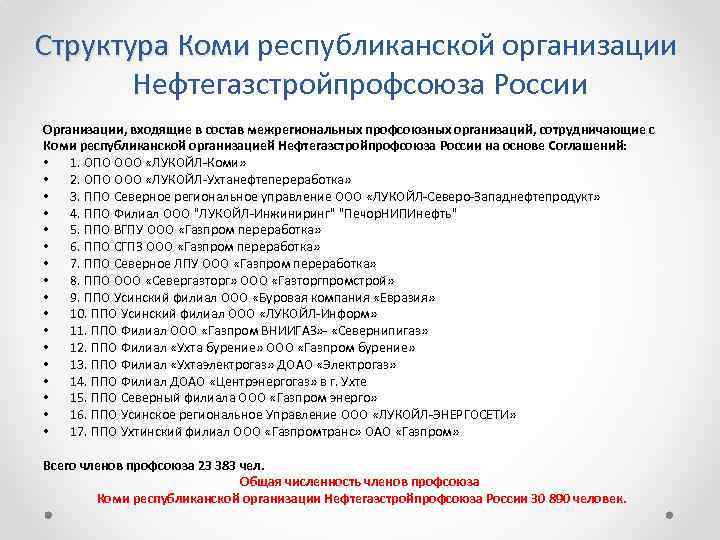 Структура Коми республиканской организации Структура Коми Нефтегазстройпрофсоюза России Организации, входящие в состав межрегиональных профсоюзных