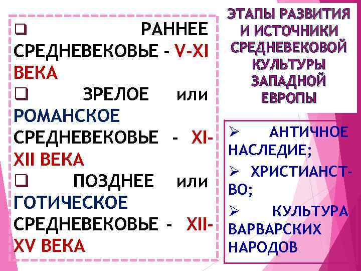 РАННЕЕ СРЕДНЕВЕКОВЬЕ - V-XI ВЕКА q ЗРЕЛОЕ или РОМАНСКОЕ СРЕДНЕВЕКОВЬЕ - XIXII ВЕКА q