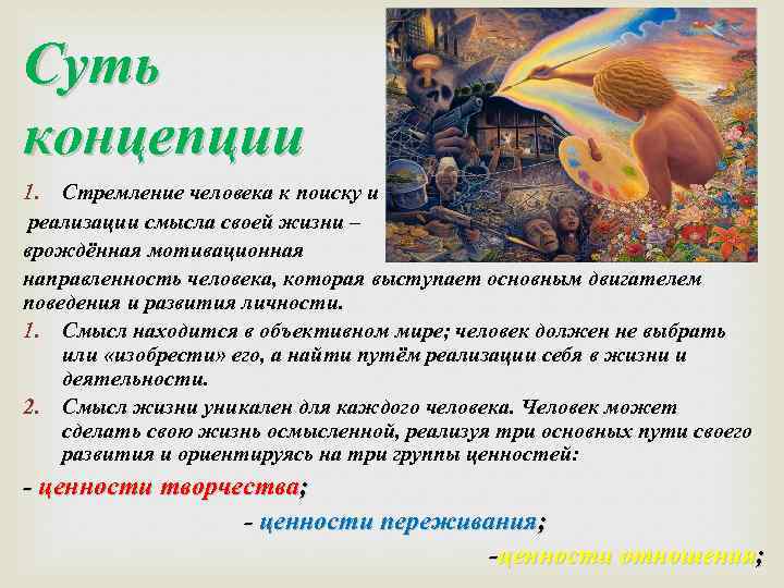 Суть концепции 1. Стремление человека к поиску и реализации смысла своей жизни – врождённая