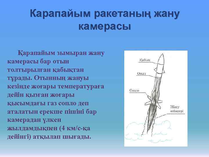 Карапайым ракетаның жану камерасы Қарапайым зымыран жану камерасы бар отын толтырылған қабықтан тұрады. Отынның