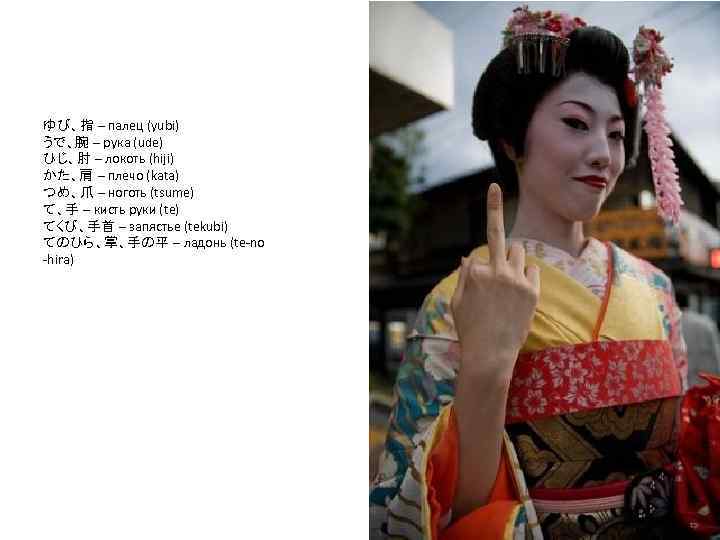 ゆび、指 – палец (yubi) うで、腕 – рука (ude) ひじ、肘 – локоть (hiji) かた、肩 –