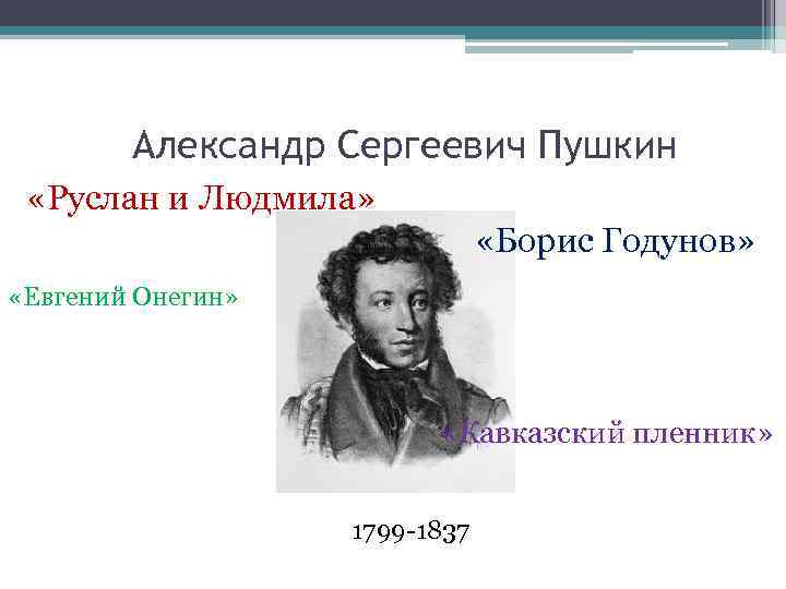 Александр Сергеевич Пушкин «Руслан и Людмила» «Борис Годунов» «Евгений Онегин» «Кавказский пленник» 1799 -1837