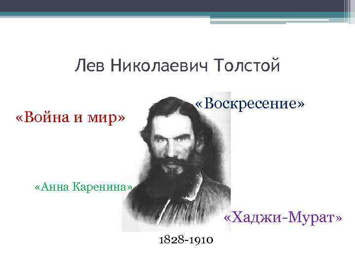 Лев Николаевич Толстой «Война и мир» «Воскресение» «Анна Каренина» «Хаджи-Мурат» 1828 -1910 