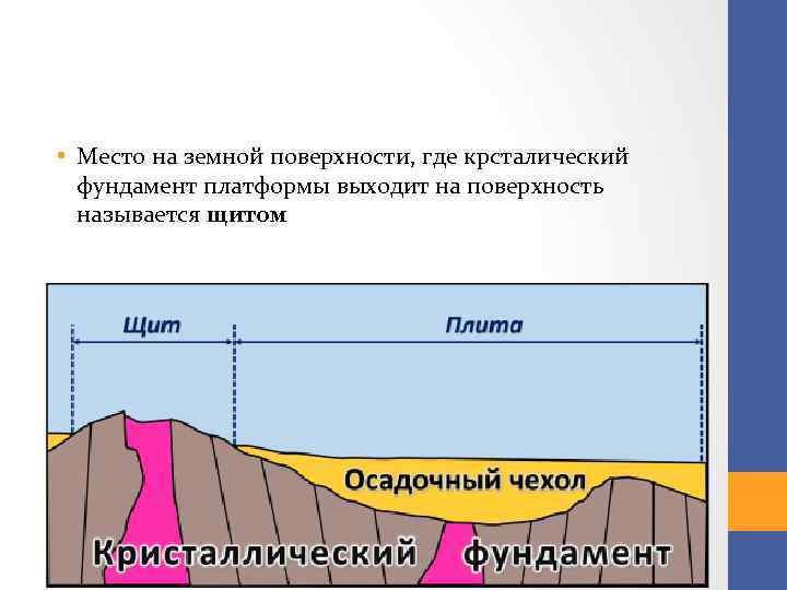  • Место на земной поверхности, где крсталический фундамент платформы выходит на поверхность называется