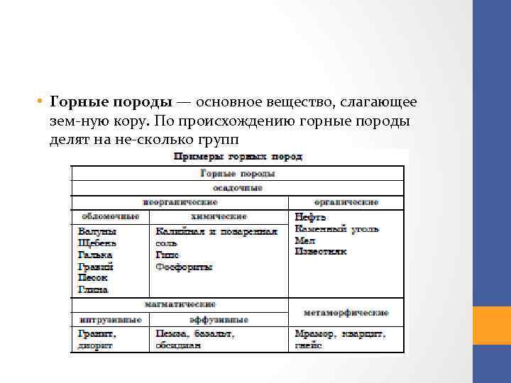  • Горные породы — основное вещество, слагающее зем ную кору. По происхождению горные