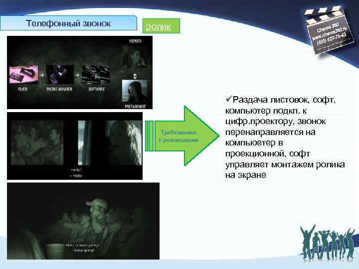Телефонный звонок ролик Требования к реализации üРаздача листовок, софт, компьютер подкл. к цифр. проектору,