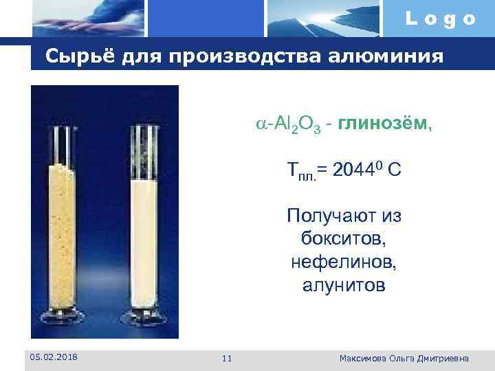 Logo Сырьё для производства алюминия -Al 2 O 3 - глинозём, Tпл. = 20440