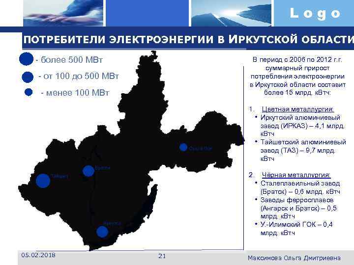 Logo ПОТРЕБИТЕЛИ ЭЛЕКТРОЭНЕРГИИ В - более 500 МВт ИРКУТСКОЙ ОБЛАСТИ В период с 2006