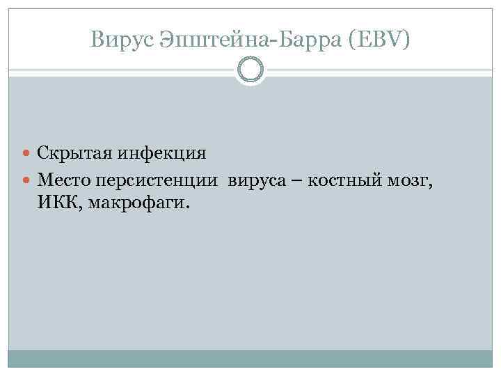 Вирус Эпштейна-Барра (EВV) Скрытая инфекция Место персистенции вируса – костный мозг, ИКК, макрофаги. 