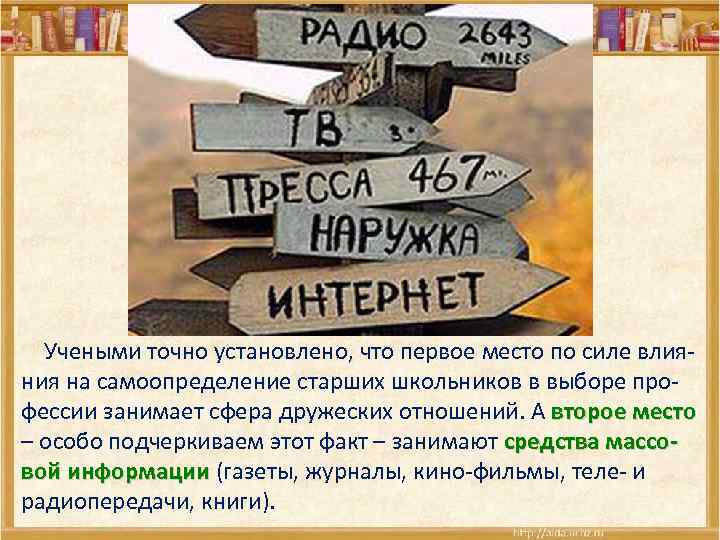  Учеными точно установлено, что первое место по силе влияния на самоопределение старших школьников