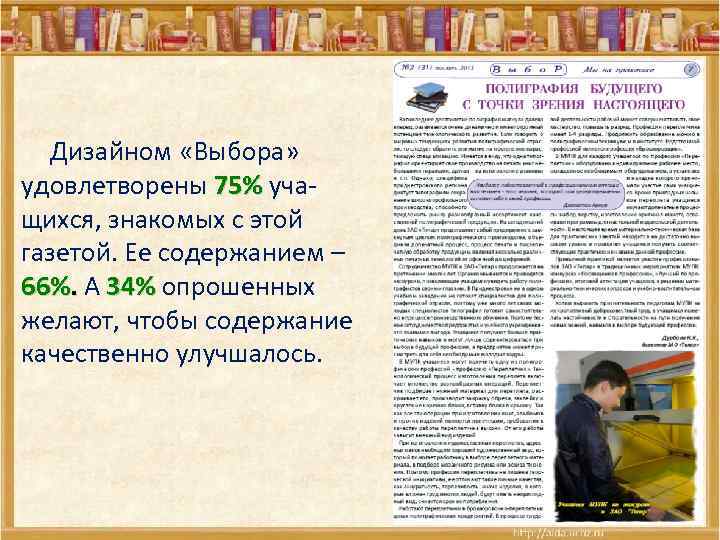  Дизайном «Выбора» удовлетворены 75% учащихся, знакомых с этой газетой. Ее содержанием – 66%.