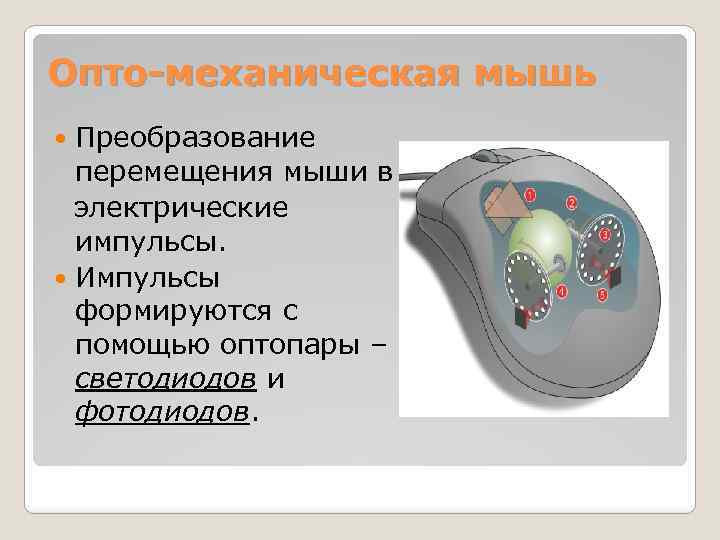 Опто-механическая мышь Преобразование перемещения мыши в электрические импульсы. Импульсы формируются с помощью оптопары –