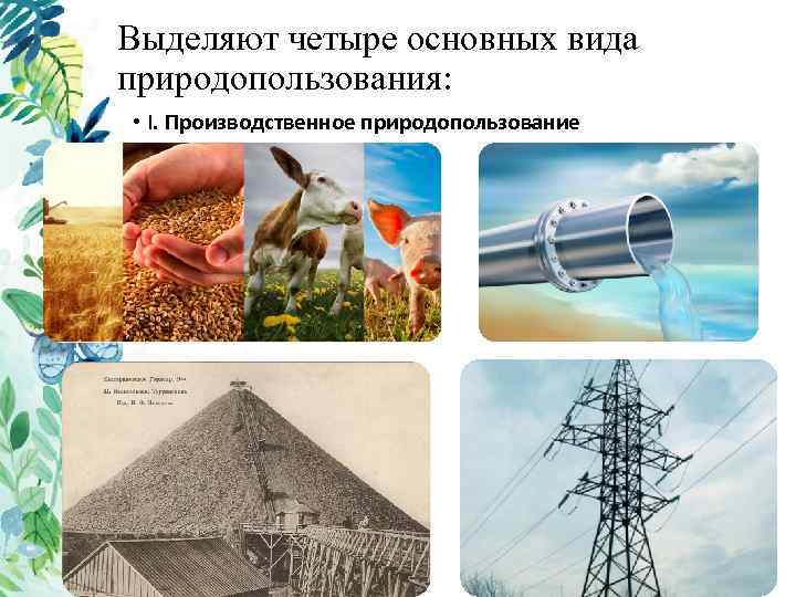 Выделяют четыре основных вида природопользования: • I. Производственное природопользование 