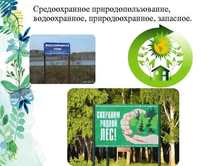 Средоохранное природопользование, водоохранное, природоохранное, запасное. 