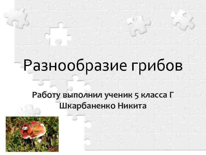 Разнообразие грибов Работу выполнил ученик 5 класса Г Шкарбаненко Никита 