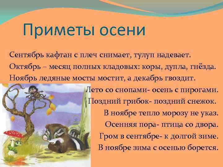 Приметы осени Сентябрь кафтан с плеч снимает, тулуп надевает. Октябрь – месяц полных кладовых: