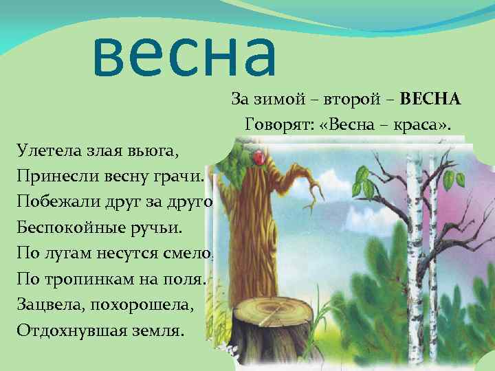 весна За зимой – второй – ВЕСНА Говорят: «Весна – краса» . Улетела злая