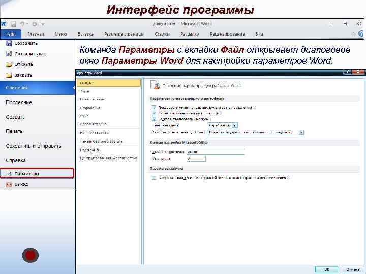 Интерфейс программы Команда Параметры с вкладки Файл открывает диалоговое окно Параметры Word для настройки