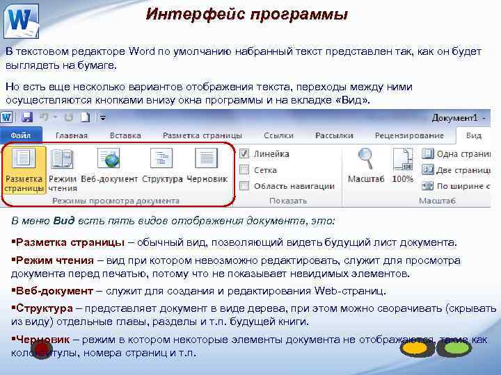 Интерфейс программы В текстовом редакторе Word по умолчанию набранный текст представлен так, как он