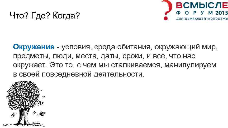 Что? Где? Когда? Окружение - условия, среда обитания, окружающий мир, предметы, люди, места, даты,