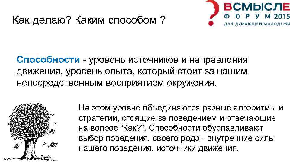 Как делаю? Каким способом ? Способности - уровень источников и направления движения, уровень опыта,