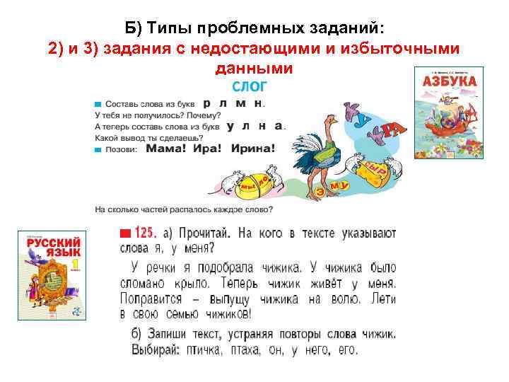 Б) Типы проблемных заданий: 2) и 3) задания с недостающими и избыточными данными 