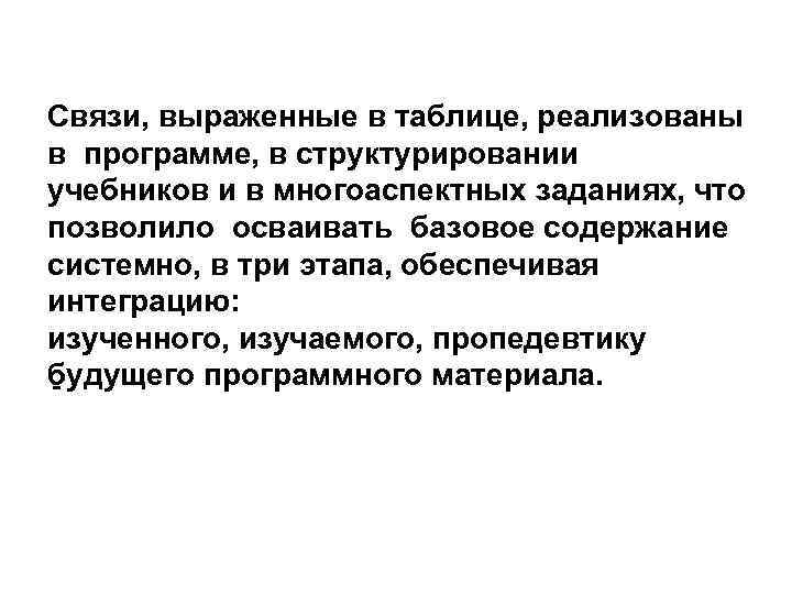 Связи, выраженные в таблице, реализованы в программе, в структурировании учебников и в многоаспектных заданиях,