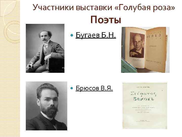 Участники выставки «Голубая роза» Поэты Бугаев Б. Н. Брюсов В. Я. 