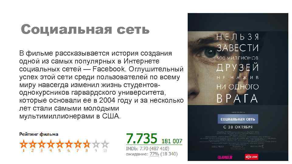 Социальная сеть В фильме рассказывается история создания одной из самых популярных в Интернете социальных