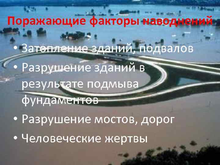 Поражающие факторы наводнений • Затопление зданий, подвалов • Разрушение зданий в результате подмыва фундаментов