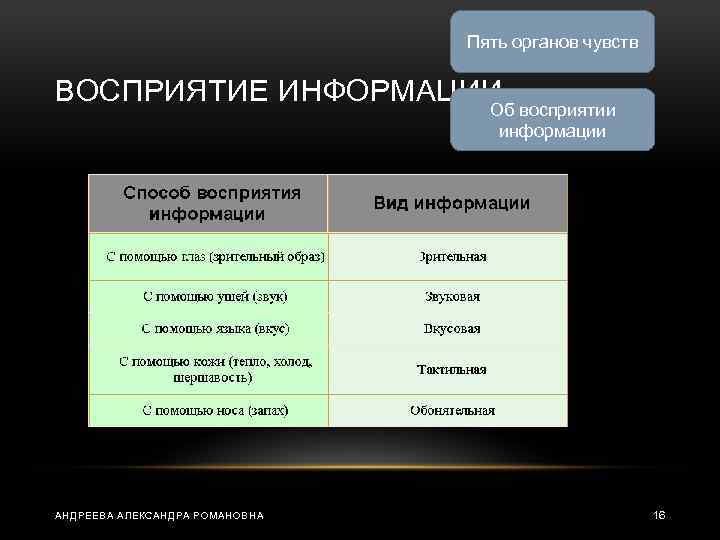 Пять органов чувств ВОСПРИЯТИЕ ИНФОРМАЦИИ Об восприятии информации АНДРЕЕВА АЛЕКСАНДРА РОМАНОВНА 16 