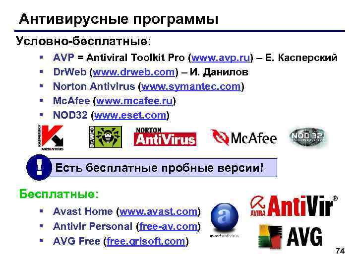 Антивирусные программы Условно-бесплатные: § § § ! AVP = Antiviral Toolkit Pro (www. avp.