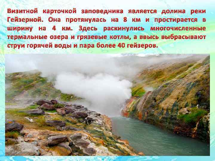 Визитной карточкой заповедника является долина реки Гейзерной. Она протянулась на 8 км и простирается