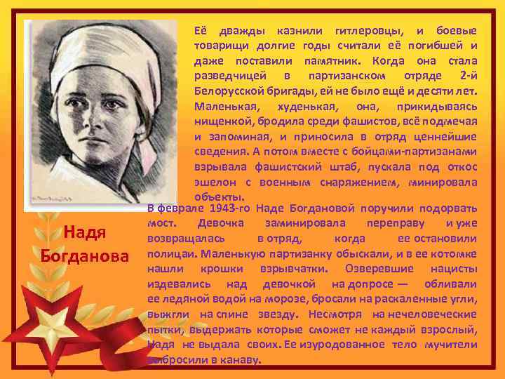 Надя Богданова Её дважды казнили гитлеровцы, и боевые товарищи долгие годы считали её погибшей