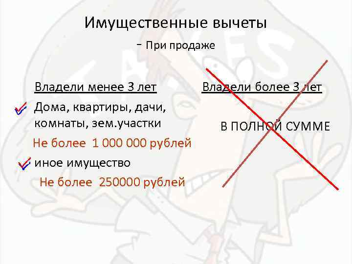 Имущественные вычеты - При продаже Владели менее 3 лет Владели более 3 лет Дома,