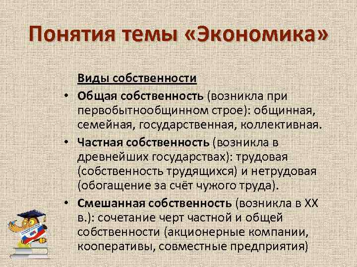 Понятия темы «Экономика» Виды собственности • Общая собственность (возникла при первобытнообщинном строе): общинная, семейная,