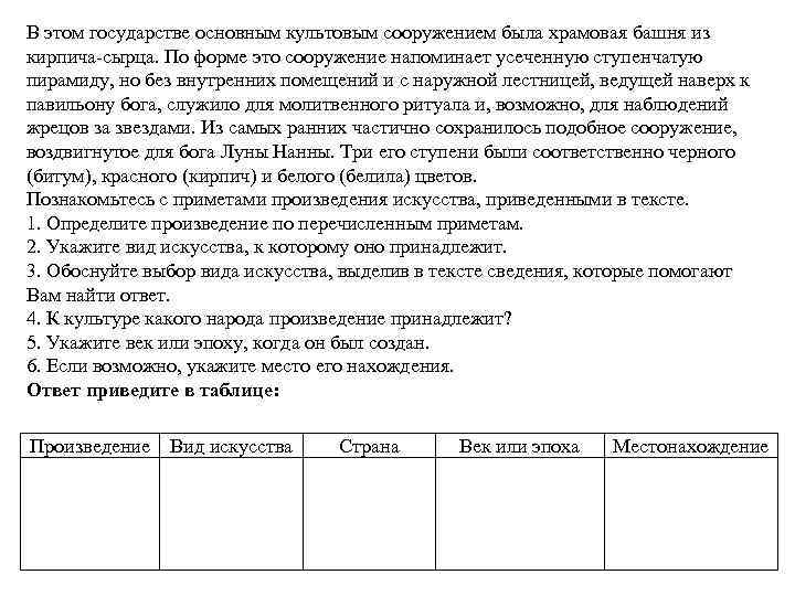 В этом государстве основным культовым сооружением была храмовая башня из кирпича-сырца. По форме это