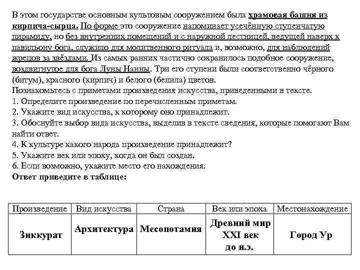 В этом государстве основным культовым сооружением была храмовая башня из кирпича-сырца. По форме это