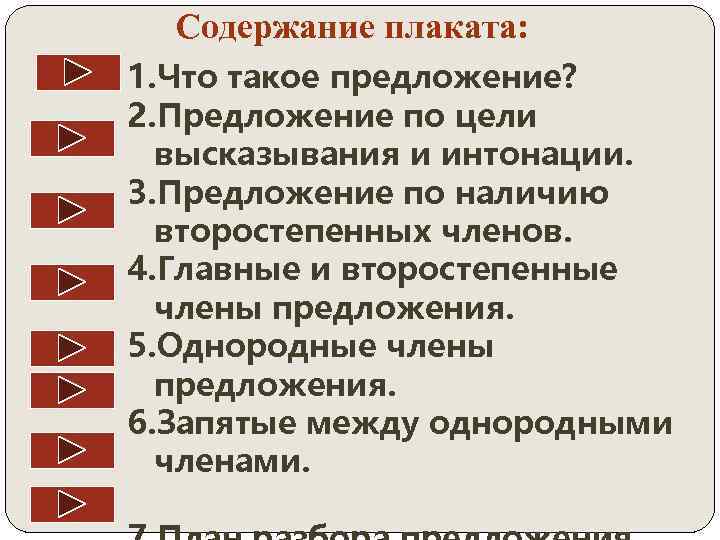 Содержание плаката: 1. Что такое предложение? 2. Предложение по цели высказывания и интонации. 3.