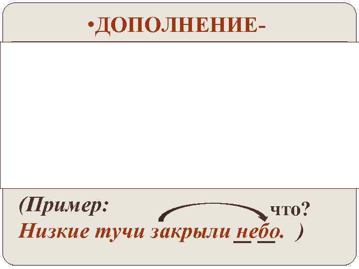  • ДОПОЛНЕНИЕэто второстепенный член предложения, который отвечает на вопросы косвенных падежей, подчеркивается пунктирной