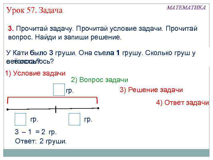 МАТЕМАТИКА Урок 57. Задача 3. Прочитай задачу. Прочитай условие задачи. Прочитай вопрос. Найди и