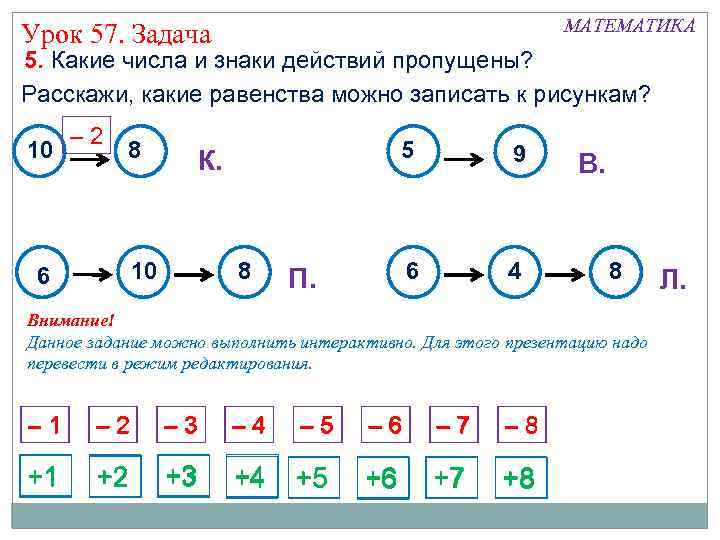 МАТЕМАТИКА Урок 57. Задача 5. Какие числа и знаки действий пропущены? Расскажи, какие равенства