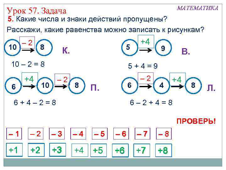 МАТЕМАТИКА Урок 57. Задача 5. Какие числа и знаки действий пропущены? Расскажи, какие равенства