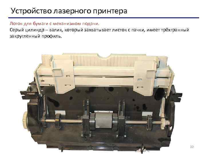 Устройство лазерного принтера Лоток для бумаги с механизмом подачи. Серый цилиндр – валик, который