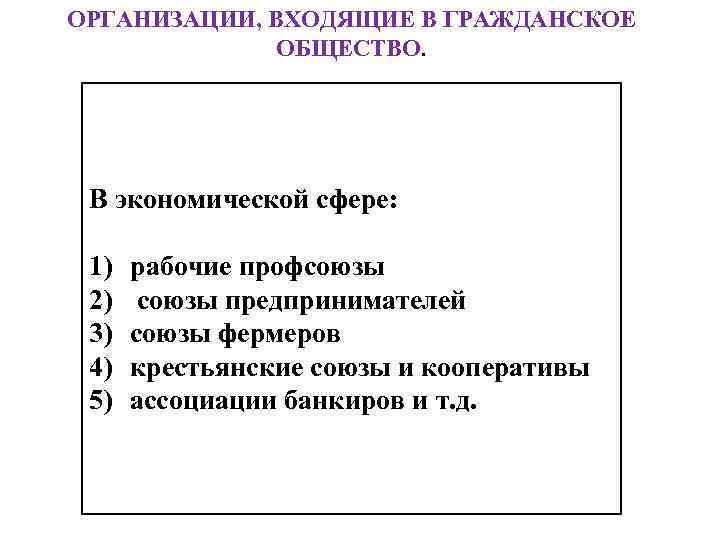 ОРГАНИЗАЦИИ, ВХОДЯЩИЕ В ГРАЖДАНСКОЕ ОБЩЕСТВО. В экономической сфере: 1) 2) 3) 4) 5) рабочие