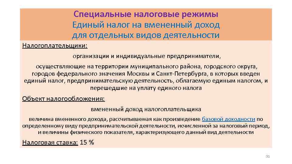 Специальные налоговые режимы Единый налог на вмененный доход для отдельных видов деятельности Налогоплательщики: организации