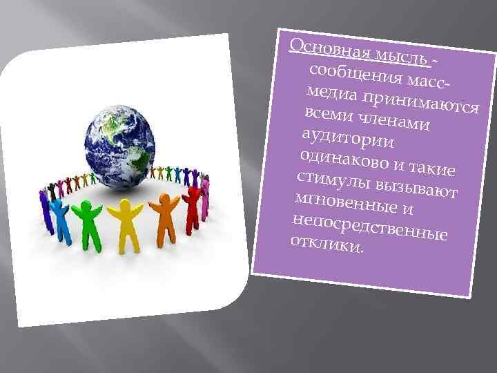 Основная мысль сообщени я массмедиа при нимаются всеми чле нами аудитории одинаково и такие