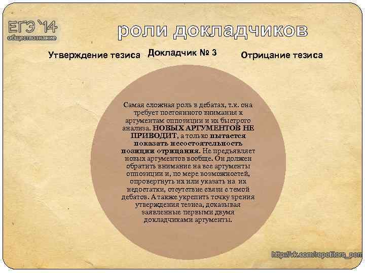 роли докладчиков Утверждение тезиса Докладчик № 3 Отрицание тезиса Самая сложная роль в дебатах,