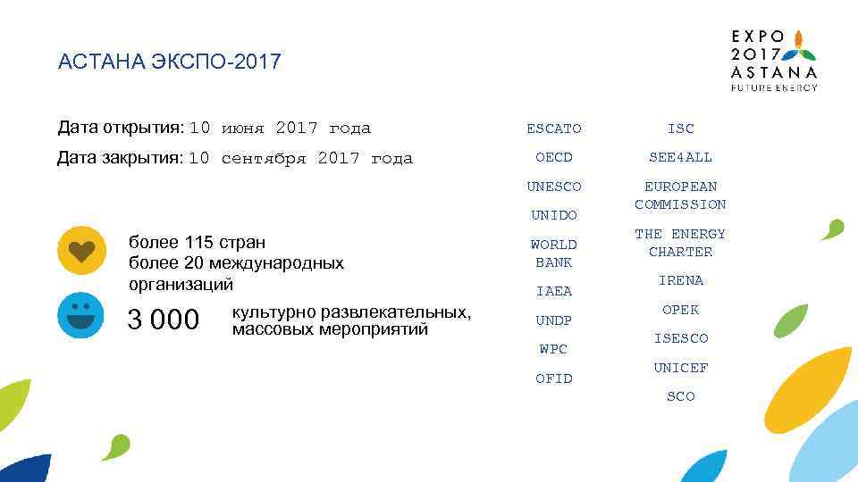 АСТАНА ЭКСПО-2017 Дата открытия: 10 июня 2017 года ISC OECD SEE 4 ALL UNESCO