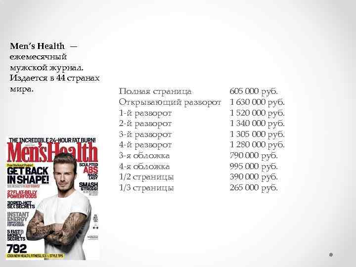 Men’s Health — ежемесячный мужской журнал. Издается в 44 странах мира. Полная страница Открывающий